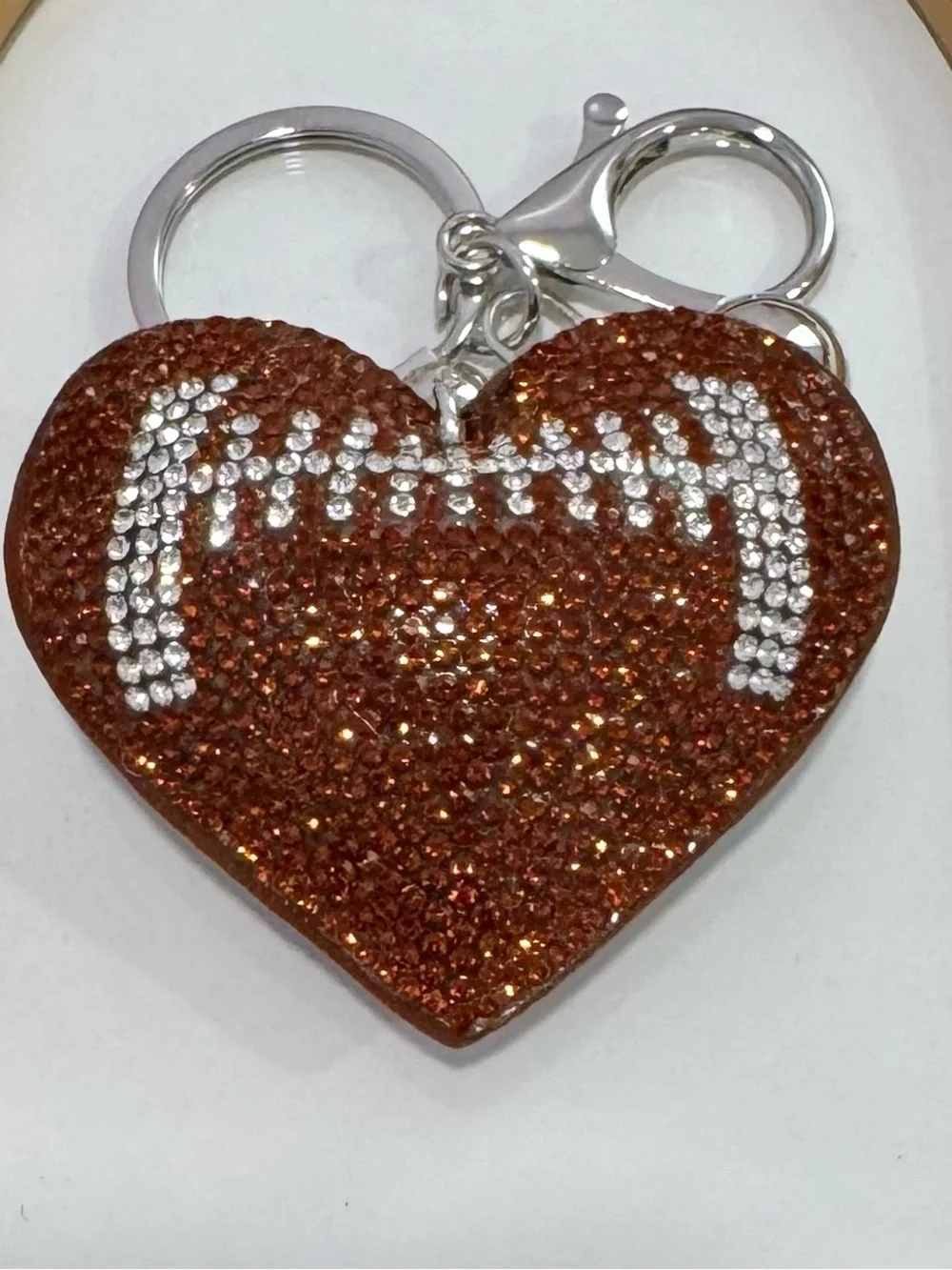 New Brown Football Crystal Heart Keychain